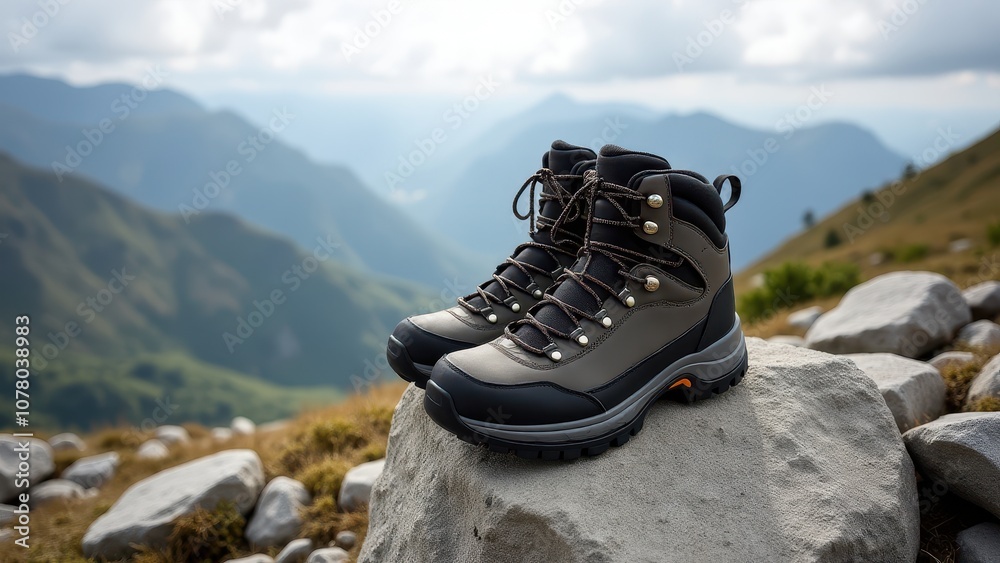 Boots on rocky terrain for mountaineering. Rugged hiking boots on a rocky terrain with a scenic mountain view in the background. Perfect for outdoor adventures. Boots on rocky terrain for mountaineering. Rugged hiking boots on a rocky terrain with a scenic mountain view in the background. Perfect for outdoor adventures.