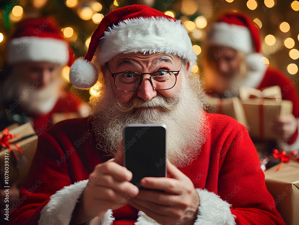 Smiling family celebrating Christmas together at home, holding gifts and using a tablet