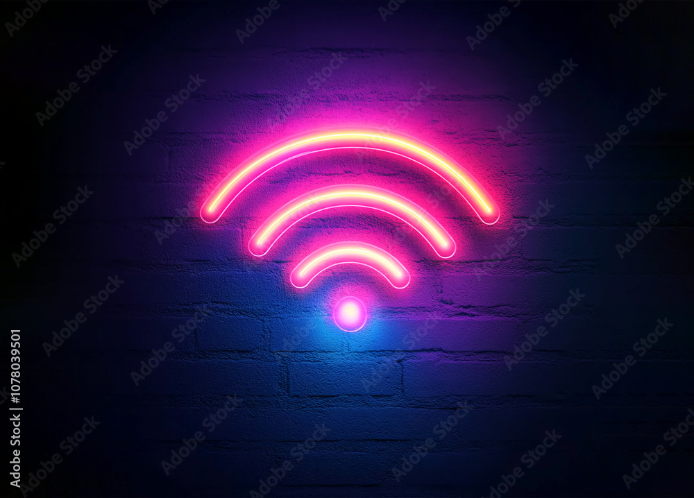 Obraz premium Neon Sign of Wi-Fi Symbol with Pink Glow Against Dark Blue Background, Modern Tech Atmosphere brick wall