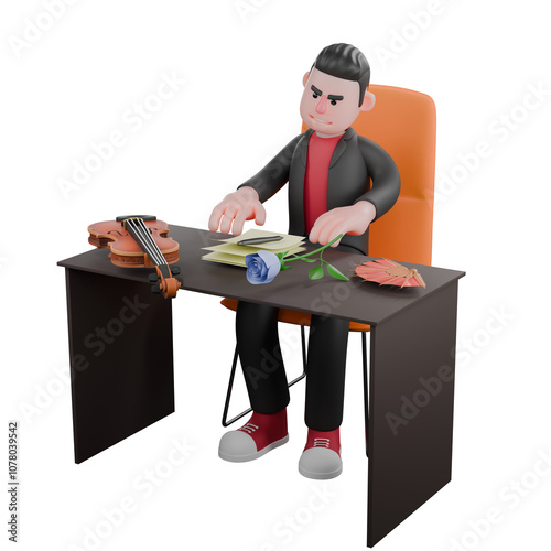 3D Cartoon Choreographer Character. A male choreographer sits on his desk chair with both hands trying to tidy up his messy desk. Dance Designer