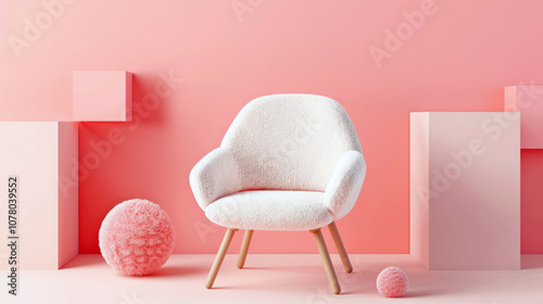 A plush chair with a cushion stands amidst sharp metallic objects, highlighting discomfort with a soft pastel background