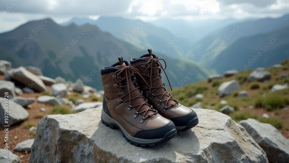 Boots on rocky terrain for mountaineering. Rugged hiking boots on a rocky terrain with a scenic mountain view in the background. Perfect for outdoor adventures. Boots on rocky terrain for mountaineering. Rugged hiking boots on a rocky terrain with a scenic mountain view in the background. Perfect for outdoor adventures.