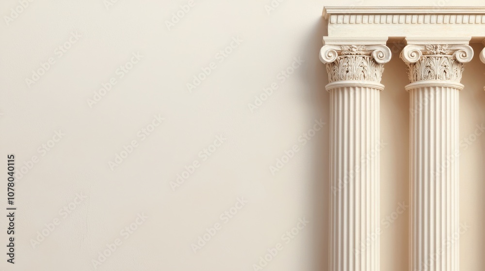 Two elegant classical columns against a plain wall, showcasing intricate capitals and a smooth surface. Two elegant classical columns against a plain wall, showcasing intricate capitals and a smooth surface.