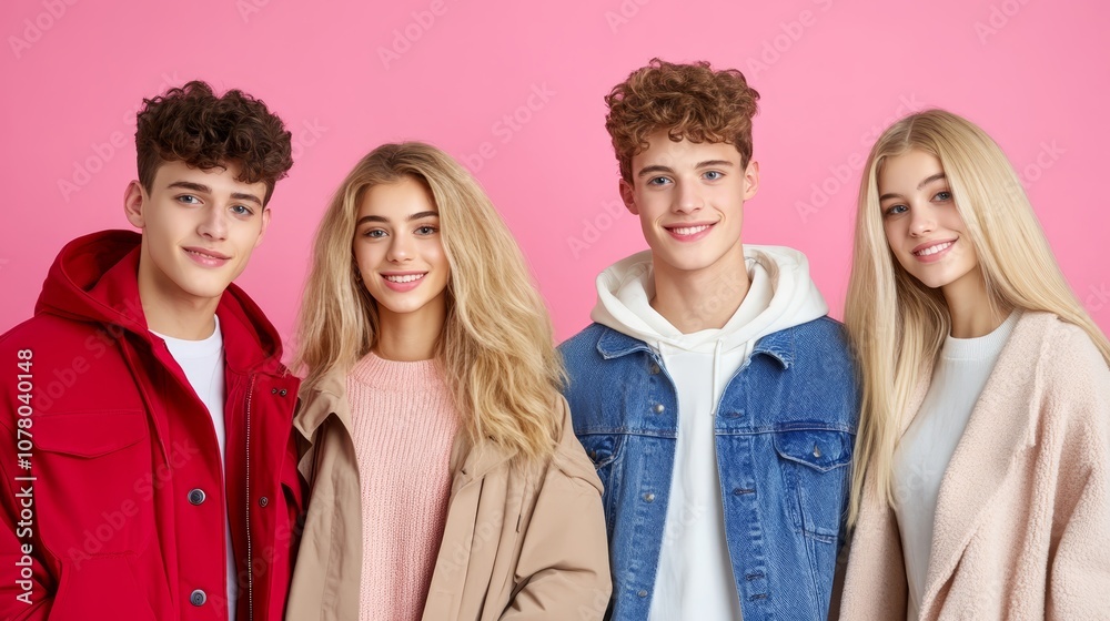 Fototapeta premium Stylish winter urban portrait, three young friends in coats posing for the camera