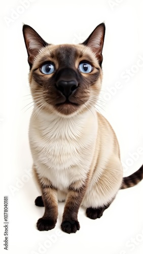 Generative AI, Close-up of a Siamese cat with blue almond-shaped eyes and dark points against white background