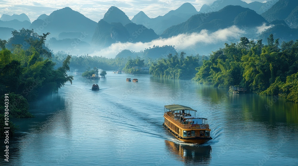 Naklejka premium Scenic river with boats surrounded by misty mountains and greenery.