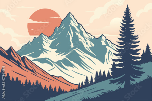 Mountain peak view landscape with sunrise soft light. Flat 2d vector illustration background