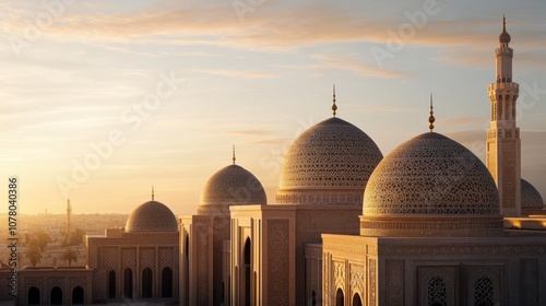 A stunning sunset illuminates ornate domes and minarets, showcasing intricate architectural details of a mosque against a serene sky. photo