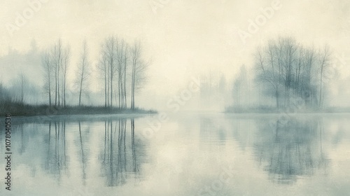 A serene misty landscape reflecting trees in calm waters, evoking tranquility and introspection.