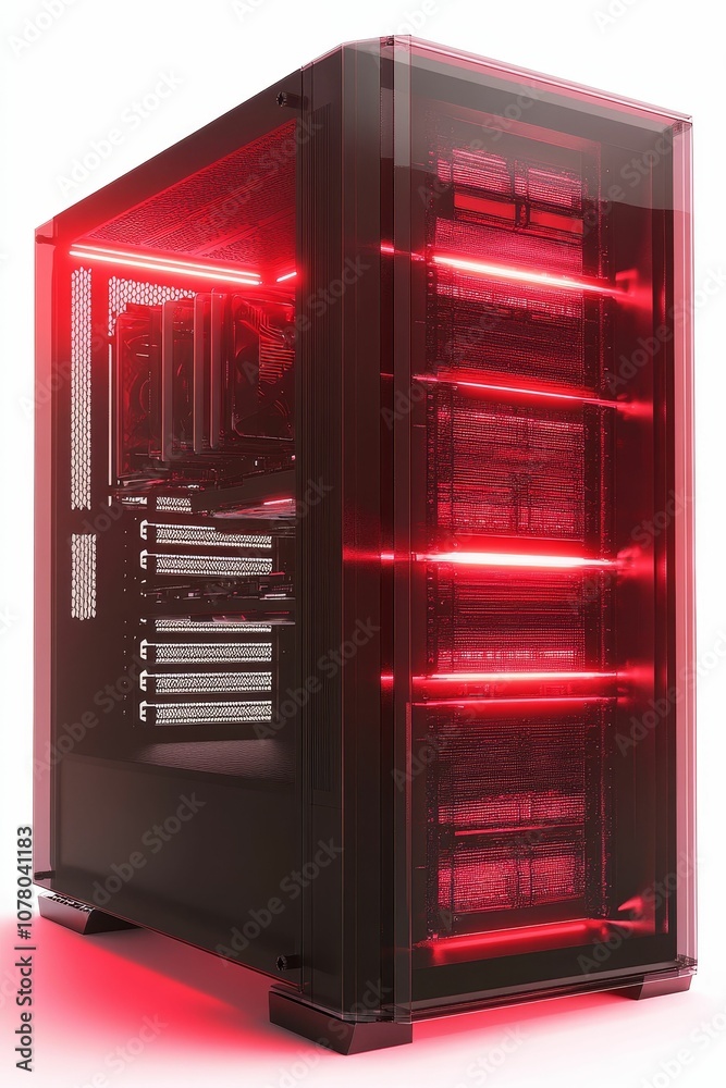 Red-lit transparent computer case with hardware. Red-lit transparent computer case with hardware.