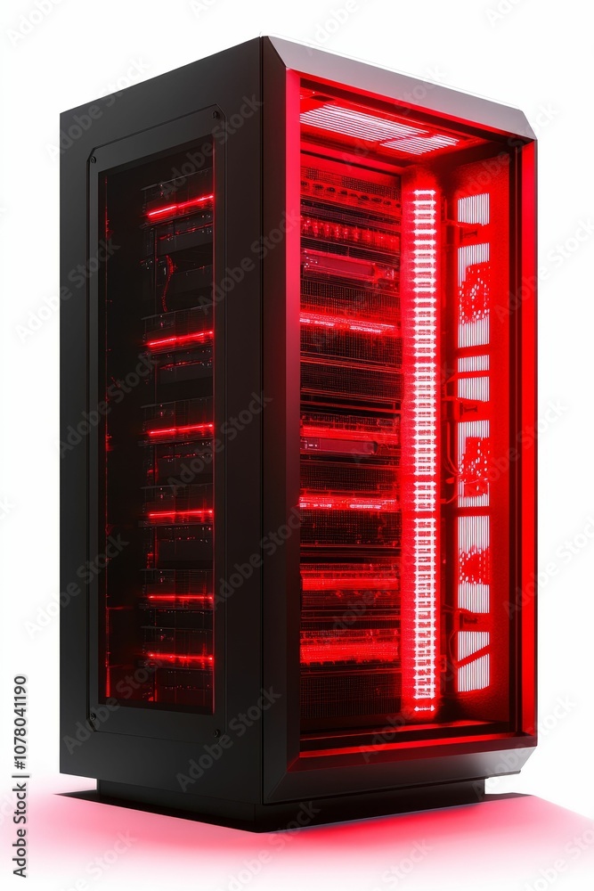 Black computer case with red lights. Black computer case with red lights.