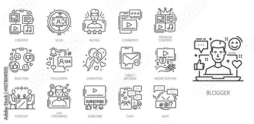 Blogging line icons, social media and multimedia content, blog, web article and online post. Vector internet, digital marketing and network technologies outline symbols of laptop computer and blogger