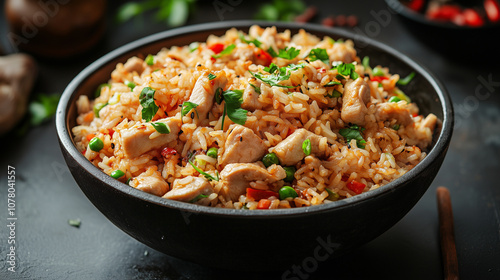 Flavorful chicken fried rice garnished with fresh herbs, served in a rustic bowl at a cozy kitchen setting. 