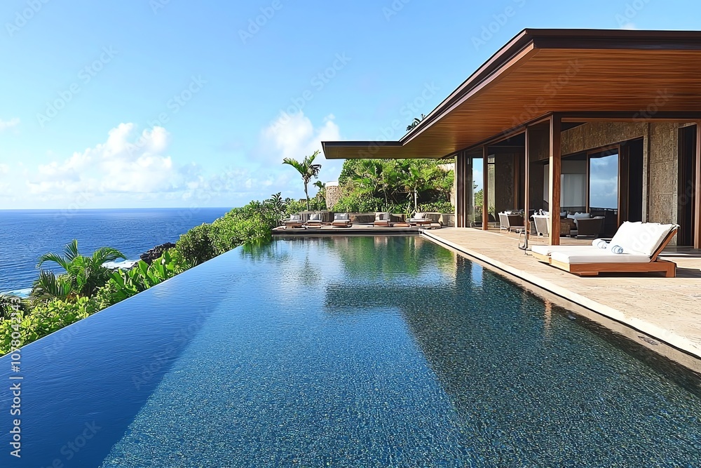 Fototapeta premium A modern, luxurious villa with an infinity pool overlooking the ocean and lush greenery.