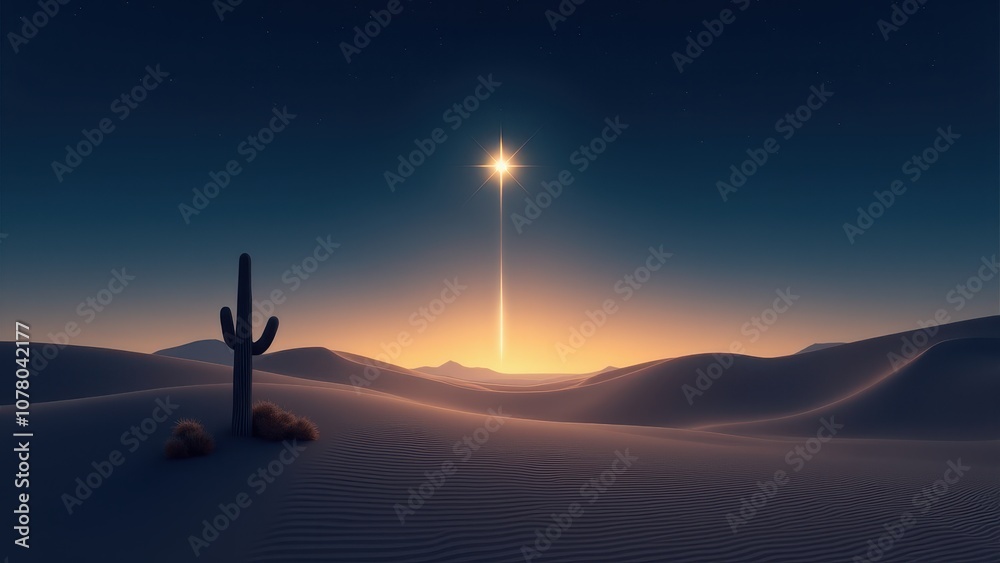 Fototapeta premium Star with silhouette landscape for peaceful themes. A serene desert at twilight features rolling dunes, a silhouette of a cactus, and a glowing star on the horizon under a starry sky.