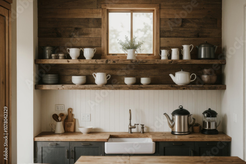 Wallpaper Mural Modern kitchen interior with wooden shelves displaying dishware and greenery in natural light during the day Torontodigital.ca