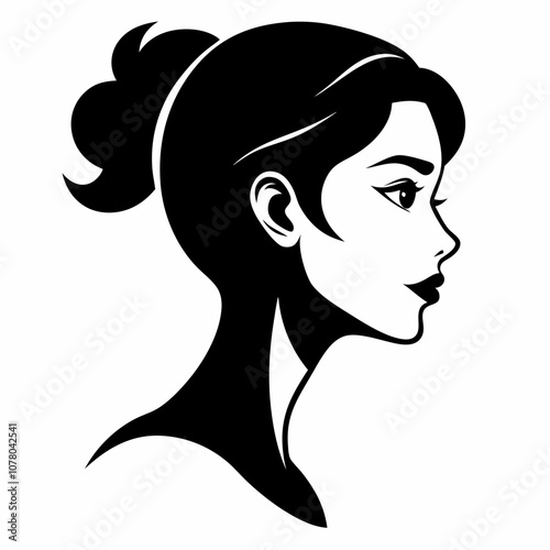 black silhouette illustration of a young woman face in profile, featuring a sleek bun hairstyle and elegant features