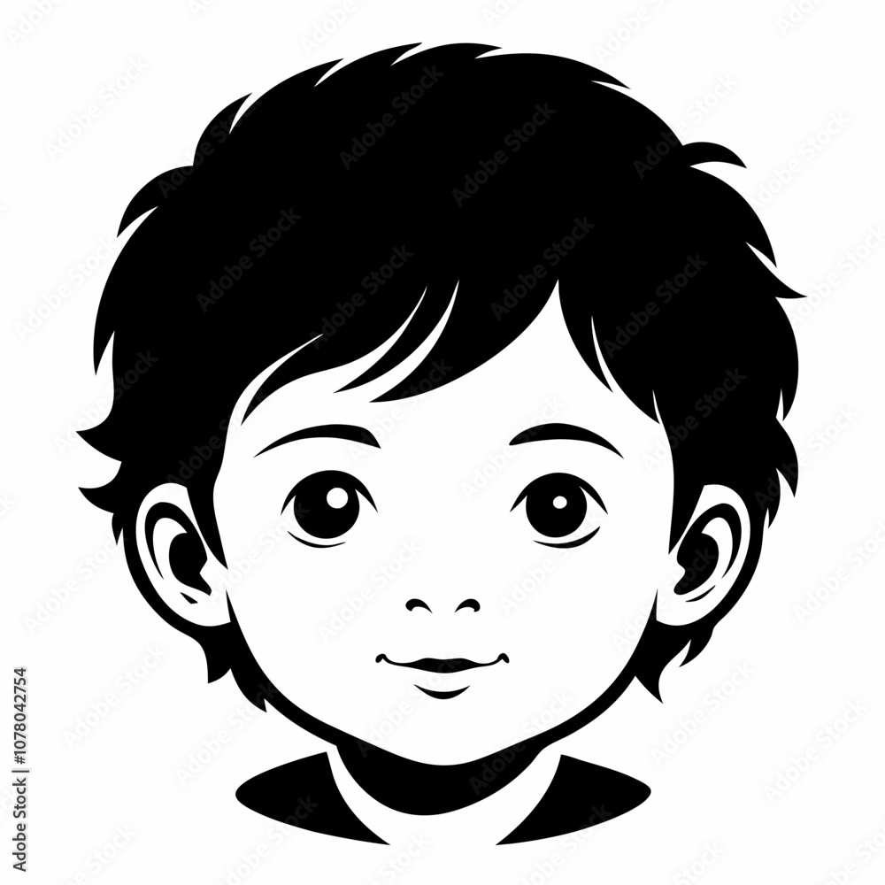 Black and white drawing of face of a young boy, showcasing his features and hairstyle in intricate detail. Isolated vector kid portrait, baby face avatar or profile monochrome Black and white drawing of face of a young boy, showcasing his features and hairstyle in intricate detail. Isolated vector kid portrait, baby face avatar or profile monochrome