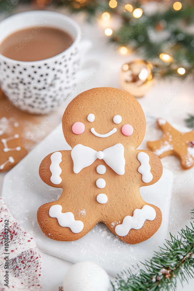 A gingerbread man cookie with a bow tie is sitting on a white plate next to a cu A gingerbread man cookie with a bow tie is sitting on a white plate next to a cu