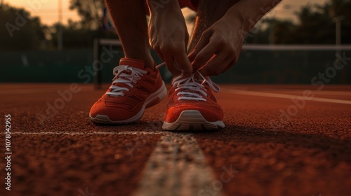 A tennis player concentrates intently while tying his shoes on the court, highlighting the dedication and preparation before a match