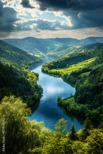 Tranquil Mountain Landscape: Lush Forest, Rolling Hills, and Meandering Blue River Under a Vibrant Sky