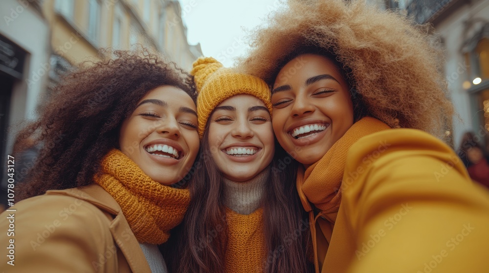 joyful selfie of three young womenon an urban bridge, dressed in trendy streetwear with vibrant colors and unique style joyful selfie of three young womenon an urban bridge, dressed in trendy streetwear with vibrant colors and unique style