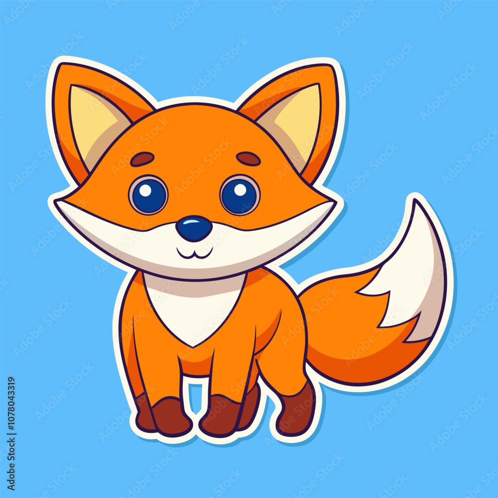Obraz premium Cute fox sticker in cartoon style on blue background. Adorable cartoon fox sticker illustration with big eyes and fluffy tail on a blue background. Perfect for a variety of fun and playful designs
