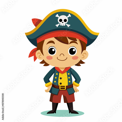 Cheerful young boy dressed as a pirate, complete with a skull-adorned hat, a vibrant coat, and a playful expression. Theme of adventure, fantasy and children storytelling, youthful imagination and joy