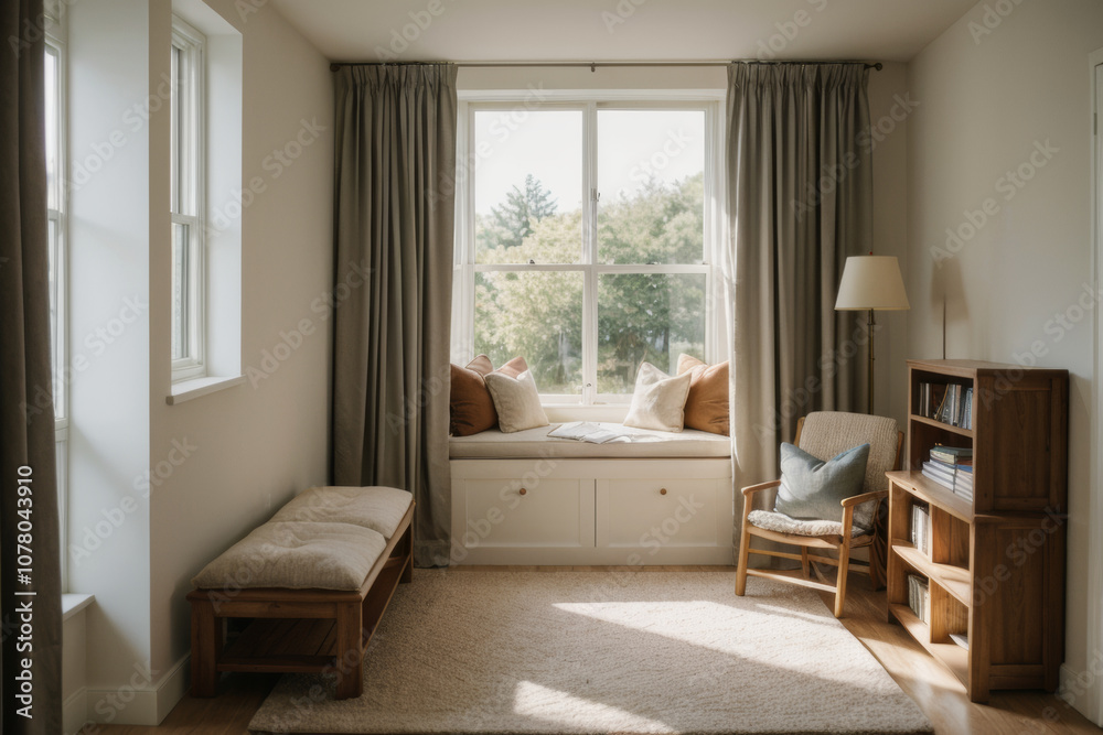 Cozy living room with modern design featuring comfortable armchairs and bookshelves filled with decor and books Cozy living room with modern design featuring comfortable armchairs and bookshelves filled with decor and books