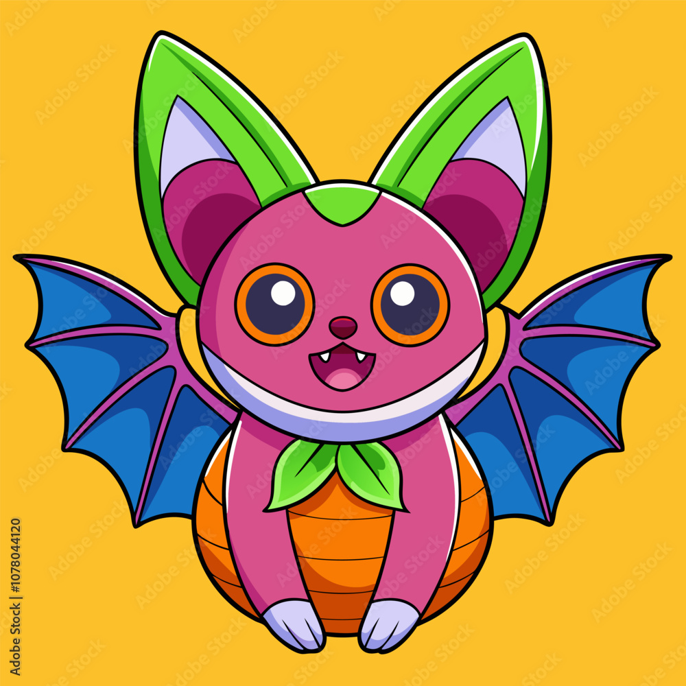Fototapeta premium Adorable cartoon bat with bold, vivid colors sitting against a yellow backdrop. kawaii, children illustration and animal designs. Cute Halloween bat with colorful bold lines on yellow background
