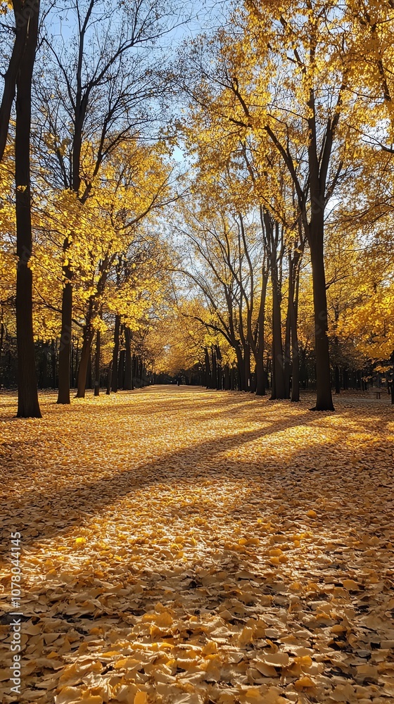 Fototapeta premium A path through a forest covered in golden leaves, with sunlight streaming through the trees, creating long shadows.
