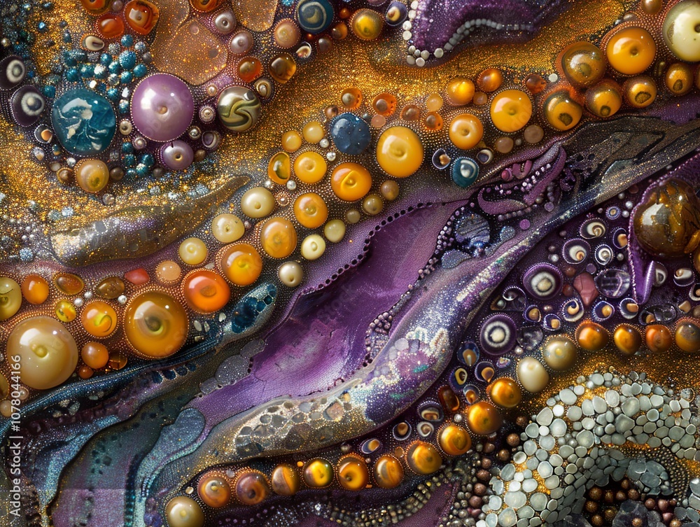Fototapeta premium Abstract Art with Purple and Gold Texture: Close-Up of Shiny Beads and Metallic Surfaces