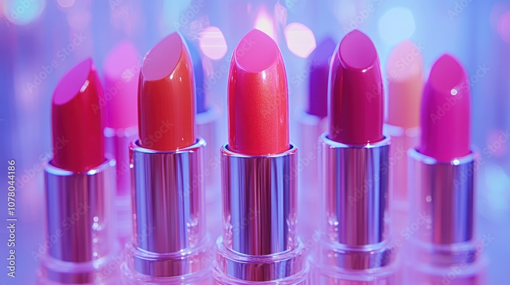 A colorful array of lipsticks displayed in a vibrant setting.