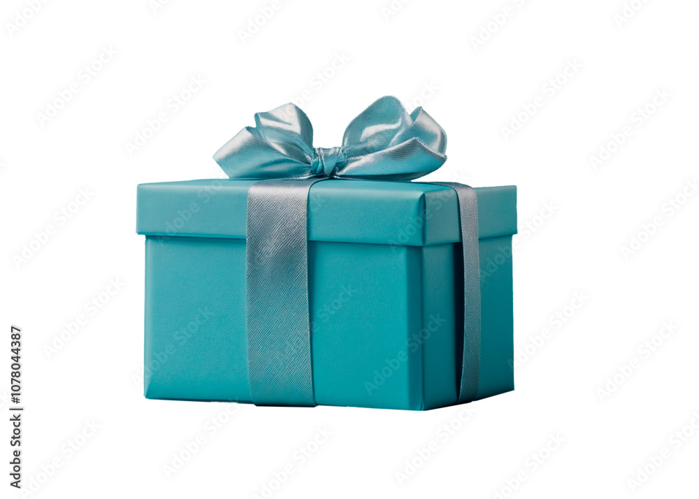 Fototapeta premium Blue gift box with silver bow, background. PNG transparent.