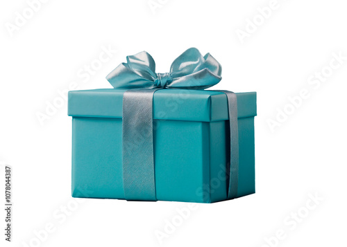 Blue gift box with silver bow, background. PNG transparent.