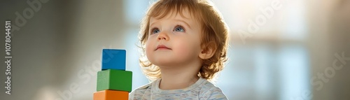 Little girl builds towering creations with colorful blocks, a joyful exploration of play and learning photo