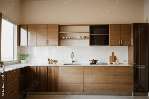 Modern kitchen interior with wooden shelves displaying dishware and greenery in natural light during the day