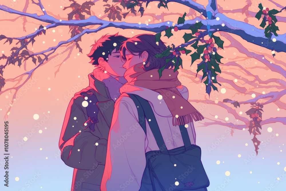 Romantic scene by the window with snow falling outside and mistletoe hanging above, Cozy vibe, Generative AI Romantic scene by the window with snow falling outside and mistletoe hanging above, Cozy vibe, Generative AI