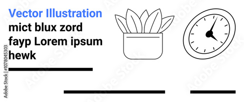 Potted plant, classic clock with hands, dummy text, and horizontal lines. Ideal for websites, presentations, blogs, educational materials, magazines, product packaging, and posters. Landing page