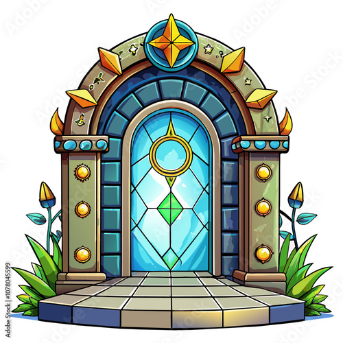 Colorful magical portal surrounded by decorative elements and plants on a white background. Ideal for fantasy themes, video game design, and storytelling