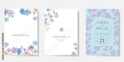 Elegant wedding invitation card background vector. Minimal hand painted purple and blue watercolor botanical flowers texture. Design illustration for wedding, vip cover, poster, rsvp modern card.