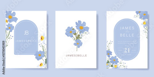Elegant wedding invitation card background vector. Minimal hand painted purple and blue watercolor botanical flowers texture. Design illustration for wedding, vip cover, poster, rsvp modern card.