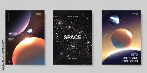 Planet and galaxy Space card vector set. Solar system with galaxy planets, asteroids, jupiter, saturn, mars, moon, ring line solar. Cosmic design for flyer, brochure, background, poster, cover.