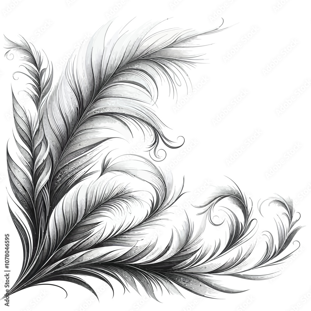 Obraz premium Graceful, feather-like border with soft, sweeping lines and elegant corner patterns. vector