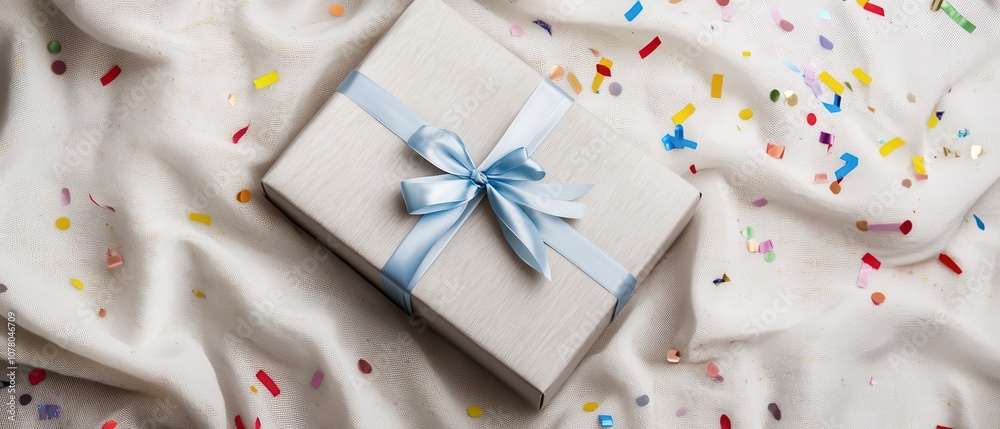 A beautifully wrapped gift box with a blue ribbon on a colorful confetti background. A beautifully wrapped gift box with a blue ribbon on a colorful confetti background.