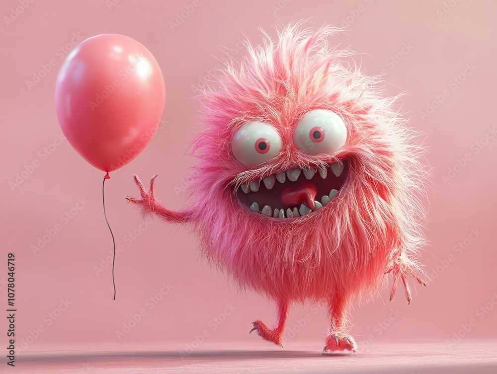 Fototapeta premium A pink furry monster with big eyes and a toothy grin holds a pink balloon in front of a pink background.