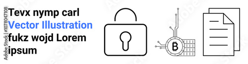 Lock symbolizes security alongside Bitcoin and documents. Ideal for cryptocurrency, data protection, technology, finance, blockchain, digital security, and online privacy themes. Landing page