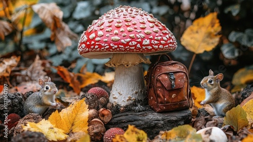 A whimsical scene featuring a red mushroom, squirrels, and a backpack amidst autumn leaves.