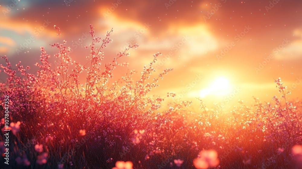 Serene sunset over a field of blooming flowers. Serene sunset over a field of blooming flowers.