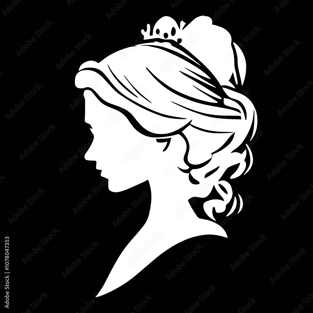 Silhouette of girl profile, woman face side view, young female head with curly hair, portrait. Isolated vector vintage illustration on white background Silhouette of girl profile, woman face side view, young female head with curly hair, portrait. Isolated vector vintage illustration on white background